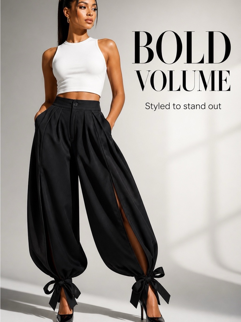 Bold Volume Black Wide-Leg Tie Hem Pants - Women